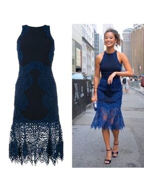 Jonathan Simkhai Navy Blue Contoured Lace Crochet Flare Midi Halter Dress size 2